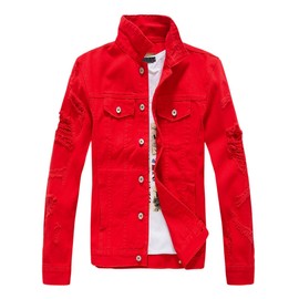 DSDZ Men`s Classic Ripped Hip Hop Motorcycle Denim Jacket Red US M