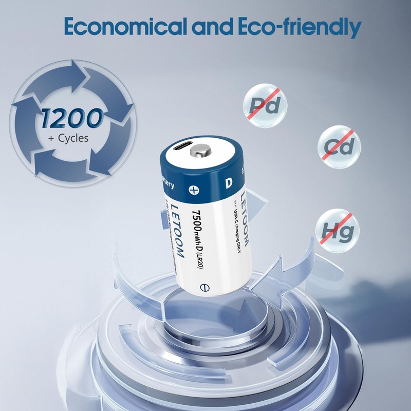 D Batteries Rechargeable with 4 in 1 USB C Charging