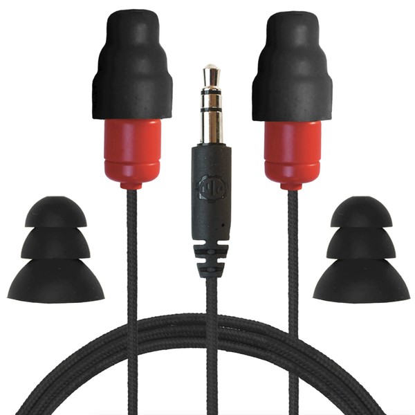 Plugfones Protector VL Audio Earbuds, OSHA Compliant Earplugs with Sound, Black & Red