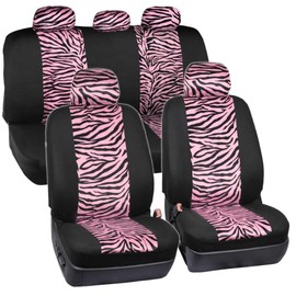 BDK Velvet Zebra Pink Car Seat Covers, Full Set with Seat Belt Pads & Steering Wheel Cover, Universal Fit