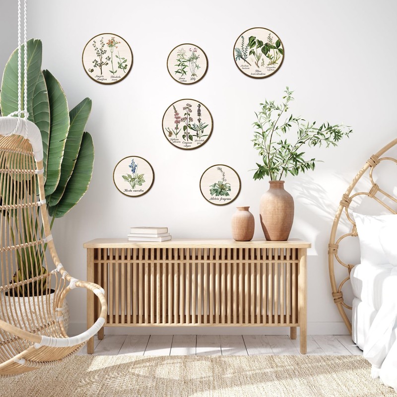 Boho Plant Wall Art Minimalist Green Botanical Round Hanging Sign