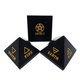 Gemstone Pyramid Black Tourmaline (approx. 5 cm, 150 g) Hand Engraving 5 Elements of Life Fire Water Earth Air Spirit Protection Happiness Energy Esoteric Meditation Magic