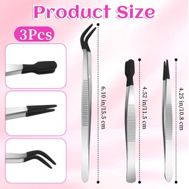 Gjinxi 3PCS Rubber Tweezers, Flat Bent Pointed Tip with Black Silicone Coated, Non Marring Long Tweezer Set for Crafts Stamps Jewelry Industrial Electronic Lab, Precision Hobby Craft Tweezers