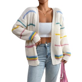 SHENHE Women's Open Front Colorful Striped Drop Shoulder Oversized Cardigan Sweater Multicolor XL