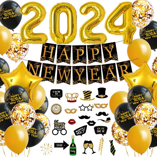Nouvel An Decoration Fête Set pour An 2024, Happy New Year 2024 Fête Deco, 2024 Ballons Géants, Or Gold Ballons, Bannière, Décoration Nouvel An pour Décoration 2024 Nouvel An Photo, Déco Bonne Année