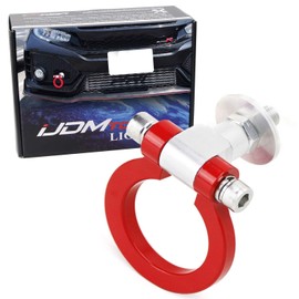 iJDMTOY Full Metal Universal Fit Red Track Racing Style Tow Hook Ring Appearance Kit Compatible with Cars w/Lower Mesh Grille (Not Functional, Decorative Purpose ONLY)
