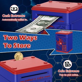 Pupidiu Spider Fingerprint Piggy Bank, ATM Piggy Bank for Kids Boys Girls, Kids Money Saving Box Money Safe (Blue)
