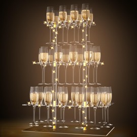Champagne Display Holder Stand for Party With 32 Slots, 3 Tier Clear Acrylic Wine Glass Stemware Display Rack, Champagne Flute Wall Holder with Led Light for Party, Wedding, Measures 26" x 20" x 12"