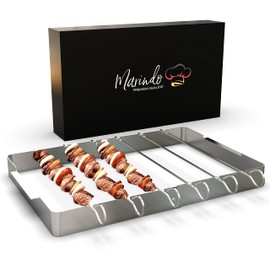 Marindo® BBQ kebab skewers, stainless steel set, barbecue skewers set: 6 kebab skewers 31 cm and frame, barbecue skewers for kebab grills, shashlik meat skewers, shashlik skewers, Russian