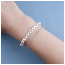 Yheakne Vintage Layered Pearl Bracelet Silver Pearl Station Bracelet Pearl Strand Bracelet Pearl Chain Bracelet Wedding Hand Chain Jewelry for Women and Girls (Silver)
