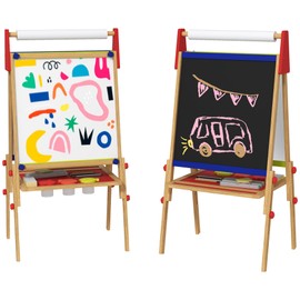 Benicabaly Inspires Creativity with 3-in-1 Kids Art Easel, Adjustable Height Double-Sided Chalkboard/Whiteboard, Includes Paper Roll, Natural Wood