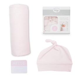 Lulujo Birth Announcement Hat & Swaddle Blanket Set| Unisex Softest Bamboo Muslin Baby Swaddle Blanket| Receiving Blanket | 47in x 47in| Bamboo Knot Hat | Hello! Birth Announcement Sticker Pink