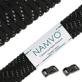 Namvo Reflective 550 Paracord 7 Strand Parachute Cord, Mil Spec Type III 15 Meter Tent Guide Rope Survival Parachute Lanyard Cord for Outdoor Camping Crafting Keychains Black