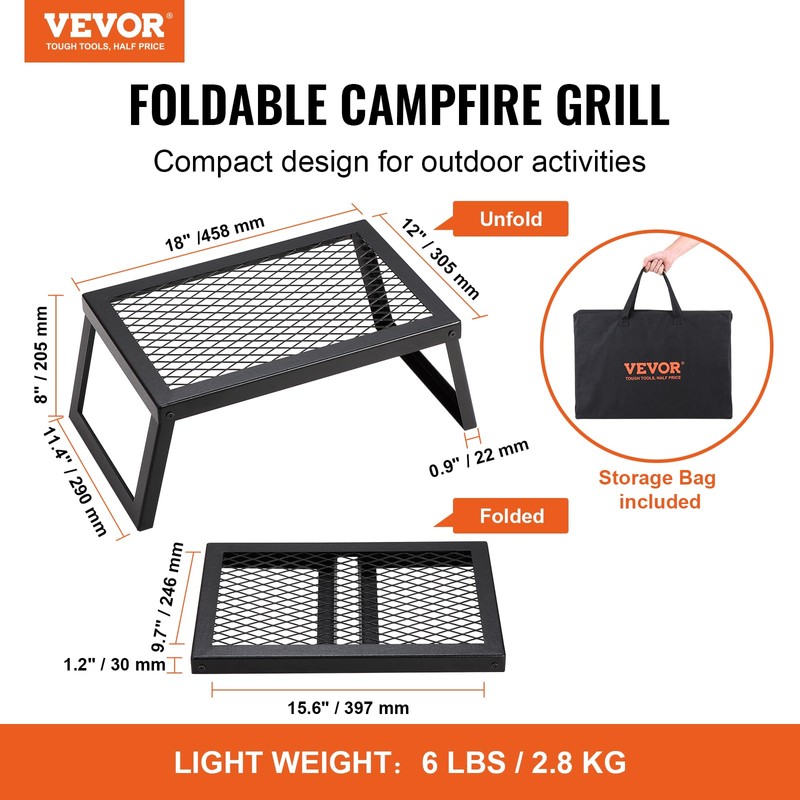 VEVOR Folding Campfire Grill, 18" Portable Camping Grates Over Fire
