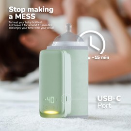 KinderSense Portable Bottle Warmer for Breastmilk or Baby Formula, by Kindersense - Leak-Proof Travel Warmer for Baby Bottles with Battery-Powered Temperature Display and Flashlight