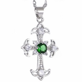 RIZILIA Cross Pendant with 18" Chain & Round Cut CZ [Simulated Green Emerald] in White Gold Plated, Simple Modern Elegant