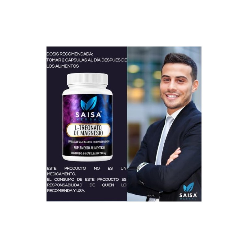 L-treonato De Magnesio 100 Puro con 60 Cápsulas SAISA HERBAL