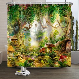 Xiaoterna Fairy Tale Forest Shower Curtain Mushroom Green Tree Grass Bathroom Curtain Spring Magic Enchanted Forest Fantastic Jungle Shower Curtain Machine Washable Waterproof Fabric 180x200cm