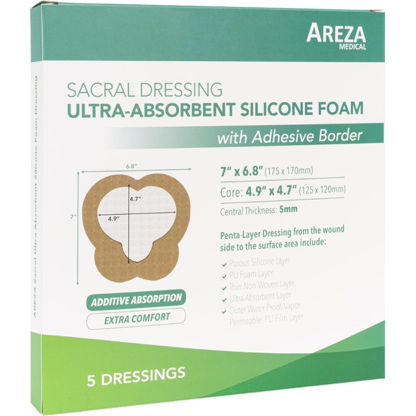 Sacral Silicone Ultra-Absorbent Foam Dressing 7" X 6.8" Box of 5; Wound Dressing By Areza Medical