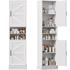67" H Tall Bathroom Storage Cabinet with 2 Barn Doors and 6 Shelves, Narrow Storage Cabinet with Sturdy Base & Adjustable Shelves for Small Space, Floor Cabinet for Bathroom, Kitchen, White