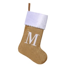 Yehnois 19.5 Inches Initial Monogram Christmas Stocking,Gold & White Velvet Embroidered Gold Letter Stocking with Gold Rope Decoration,Xmas Fireplace Holiday Party Decor(Gold Letter M)
