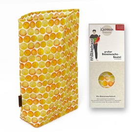 Kumanu | Bio-Bienenwachstuch - Beutel FRISCHEFRANZ groß | H 35cm x B 29cm mit Standboden | natürlich und plastikfrei frischhalten | handgemacht in Tirol (gelbe Kreise)