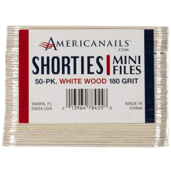 Americanails Shorties - Mini limas de madera para manicura profesional de doble cara para uñas naturales y acrílicas, 50 unidades, grano 180 blanco