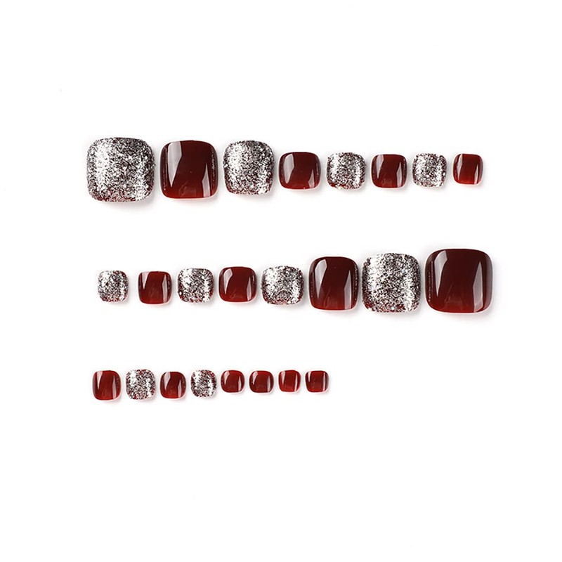 24-PCS Square Press on Toenails Red Glitter False Toenails Full