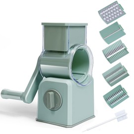 Dybepocih 5-in-1 Rotary Cheese Grater with Handle,Multifunctional Manual Vegetable Shredder with Interchangeable Blades,Strong Suction Base，Effortless Shredding for Cheese,Nuts,Fruits,Veggies (green)