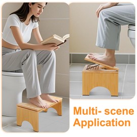 Zioffiel Foldable Toilet Stool 7.1 Inches Adjustable Height Bamboo Potty Stool for Adults with Built-in Bracket, Wooden Toilet Foot Step Stool for Bathroom, Better Posture & Digestion