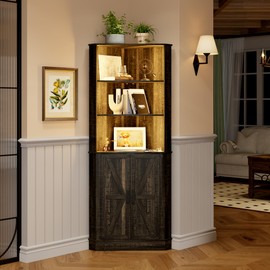 FREDEES Tall Corner Cabinet with LED Light, Farmhouse Bathroom Cabinet with 2 Doors and 3 Tier Shelves, Free Standing Corner Storage Cabinet for Laundry Room, Living Room or Kitchen, Rustic Brown