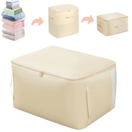 Ultra Space Saving Self Compression Storage Bags, Compression Packing Cubes, Large Clothes Storage Organiser bag with Zips Clear Window for Bedding, Moving, Duvet (Beige, L+XL)