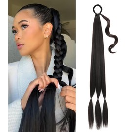 SISICLOUD Long Braided Ponytail Extension with Hair Tie Fluffy Wrap Around DIY Hairpiece, Heat Resistant Synthetic, Natural Soft & Lightweight for Weddings, Parties, and Festivals (34 Inch, Black)