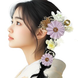 KK-008 2-piece Set of Hair Ornaments, White, Purple, Blue, Flowers, Flower Ornaments, Hair Accessories, Coming-of-Age Ceremonies, Long Sleeves, Yukata, Graduations, Weddings, Coming-of-Age Ceremonies