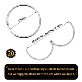 Pack of 20 curtain rings for opening, 50 mm curtain rings, curtain rings, round rings, curtain clips, shower curtain, metal clips for curtains and curtain rods (silver)