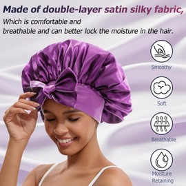 NAHOSY Satin Bonnet Silk Bonnet for Sleeping, Double Layer Hair Bonnet with Soft Satin Tie Band with Head Wrap for Women Curly Hair Night Cap (Purple)