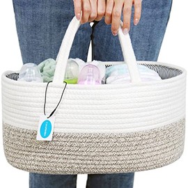 Casaphoria Little Large Baby Diaper Caddy Organizer - Nursery Storage Bin for Boys & Girls, Car Organizer, Cotton Rope Basket Portable Bag - Baby Shower Gift | Cream and Brown(14.2"x8.7"x7.1")