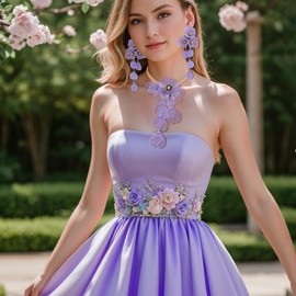 BriLove Strand Statement Flower Necklace for Women, Floral Collar Bib Necklaces Dangle Earrings for Prom Summer Beach Holiday Costume Jewelry Purple Gold-Tone