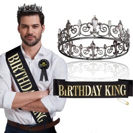 3Pcs Happy Birthday Decorations for Men, Birthday King Crown and Birthday Sash Tinplate Badge Pin, Men Birthday Decorations, Birthday Crown for Men Birthday Party(Black and Gold)