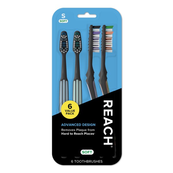 Reach Advanced Design Toothbrush with Toothbrush Cap, Angled Neck, Soft Bi-Level Bristles, Contoured Handle, Tongue Scraper, 6 Count