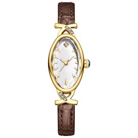 BESTKANG Leather Women's Watch Dainty Vintage Oval Ladies' Watch Elegant Diamond Waterproof Quartz Gold Watches for Women (Brown Gold White)