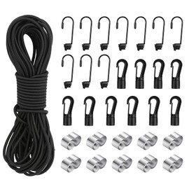 Farerkass Rubber Rope 15 m, Expander Rope 6 mm 15 m, Rubber Cord with 10 Spiral Hooks, 10 Choke Clamps, 10 Plastic Hooks, Elastic Rubber Cord for Trailer Tarpaulin, Camping, Sailing Tarpaulin Rope