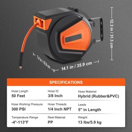 Hybrid 3/8 X 50 FT Retractable Air Hose Reel 300PSI Ceiling/Wall Air Compressor Hose Ratchet with 5 Lead in Model D0100HPF577Default: Default