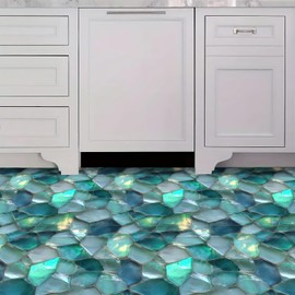 IOHEFY 10PCS 12x12 Inch Peel and Stick Floor Tiles Self Adhesive Vinyl Flooring Tile Ocean Glass Stone Stickers Removable Wall Decals Bathroom Kitchen Spa Balcony Renovation DIY Home Decoration