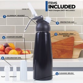 ICO Professional Aluminum Whipped Cream Dispenser for Homemade Whipping Cream, Whipped Cream Maker for Desserts, Dips, Sauces, and Infused Liquors, Black, 1-Pint with 10 Chargers