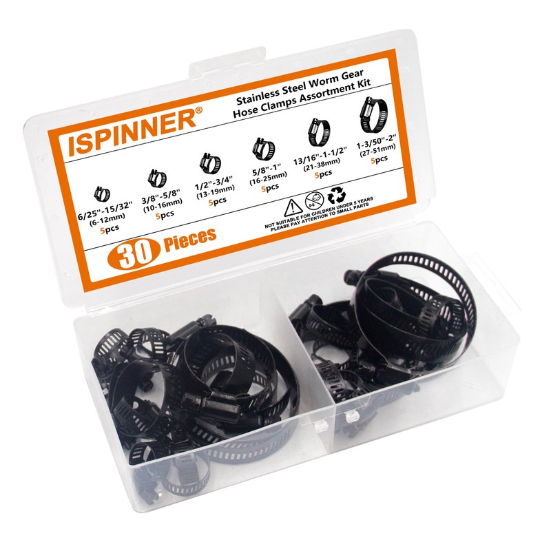 ISPINNER 30pcs Black Hose Clamps 6-51mm(1/4"-2") Adjustable Range 304 Stainless