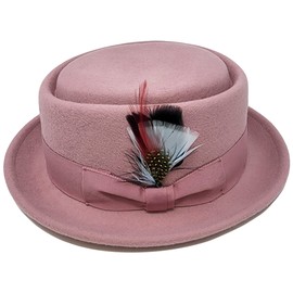 Men's Women Crush-able Wool Felt Porkpie Pork Pie Fedora Hats with Feather (2XL, Pink)