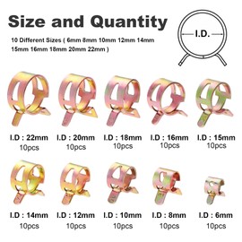 OCR 100PCS 6-22mm Fuel Line Hose Spring Clamp Silicone Vacuum Hose Pipe Clamp Steel Wire Air Tube Water Pipe Clip Clamps Fastener 10 Sizes