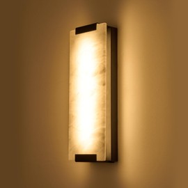 14.2in Alabaster Wall Sconce Hardwired, Large Vertical Natural Marble Wall Light Decor, LED Modern Alabaster Wall Lamp for Bedroom, Stairs, Living Room, Vanity, Bedside, Hallway, Bathroom（Black 12W）