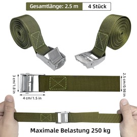 Pack of 4 Tie Down Straps, 2.5 m Lashing Straps with Clamping Lock, Lashing Straps Maximum Load 250 kg, Adjustable Mounting Strap for Bicycle, Motorcycle, Luggage Packages, Camping (Green)